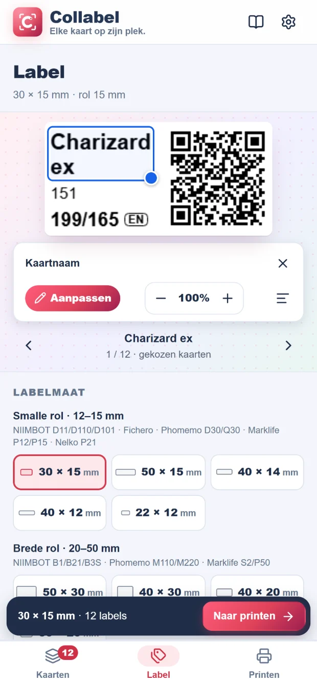Collabel: label preview with card name, set, number and QR code